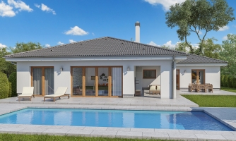 Casa unifamiliar en forma de L con terraza.